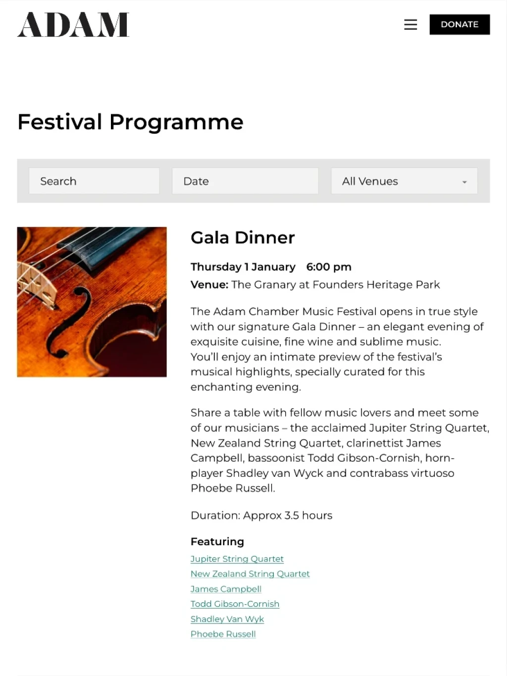 Adam Chamber Music festival Tablet Screenshot.