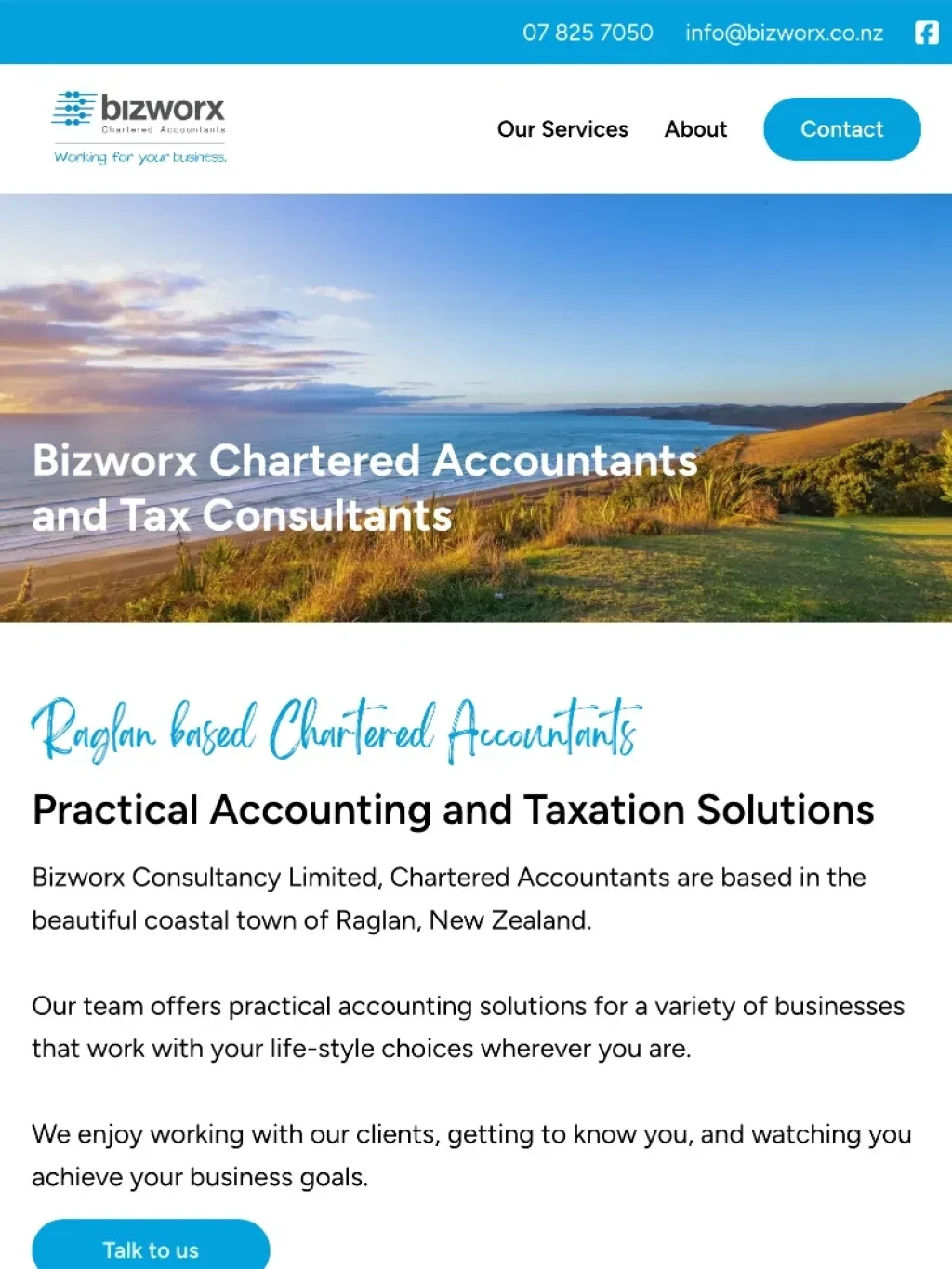 Bizworx Raglan accountants website - Tablet screenshot.