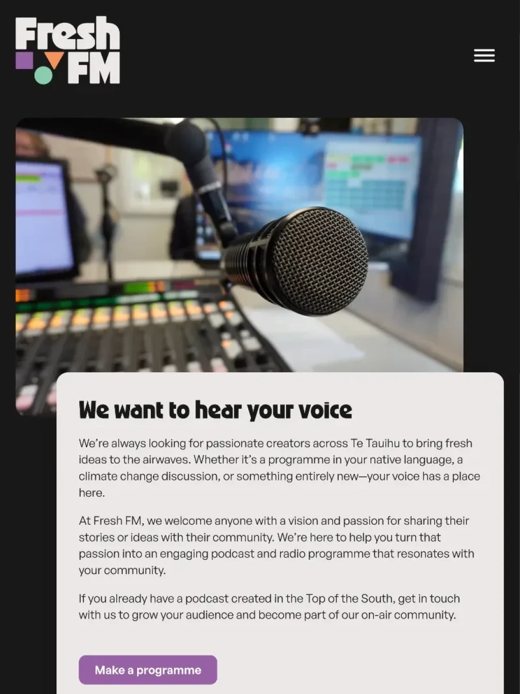 Fresh FM, website about page (tablet resolution).