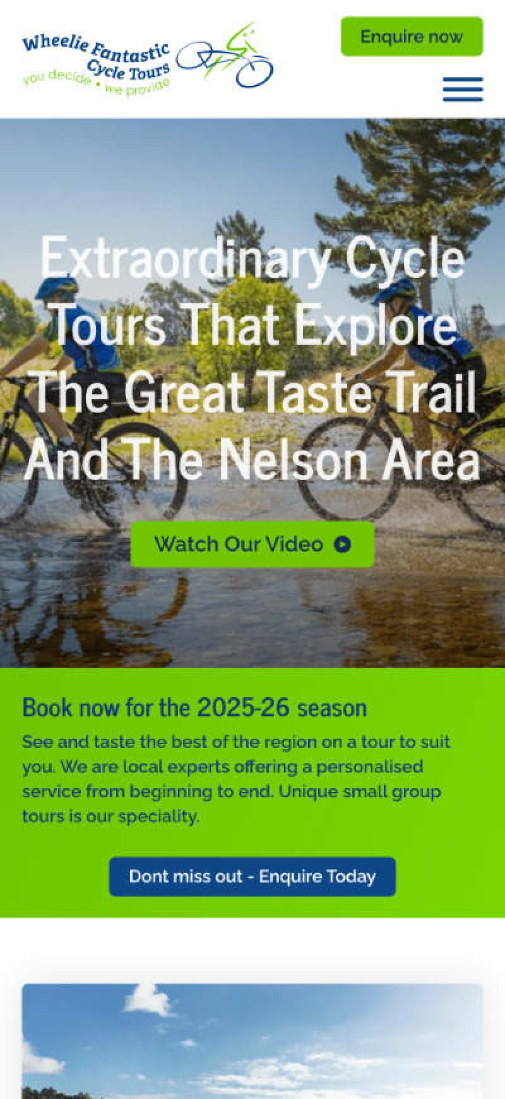 Wheelie Fantastic cycling tours website - mobile screenshot.